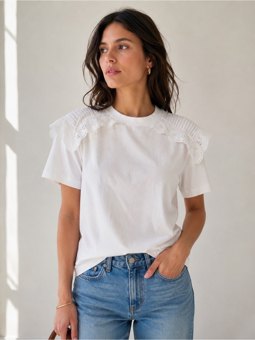 See by Chloé White Broderie Anglaise Lace Yoke Cotton Tee Top Sz Small